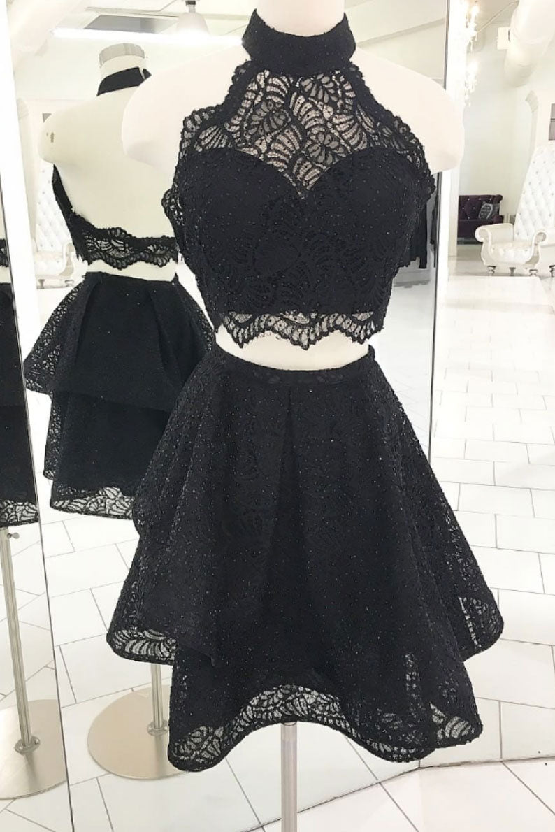 Cute black lace short prom dress, black ...